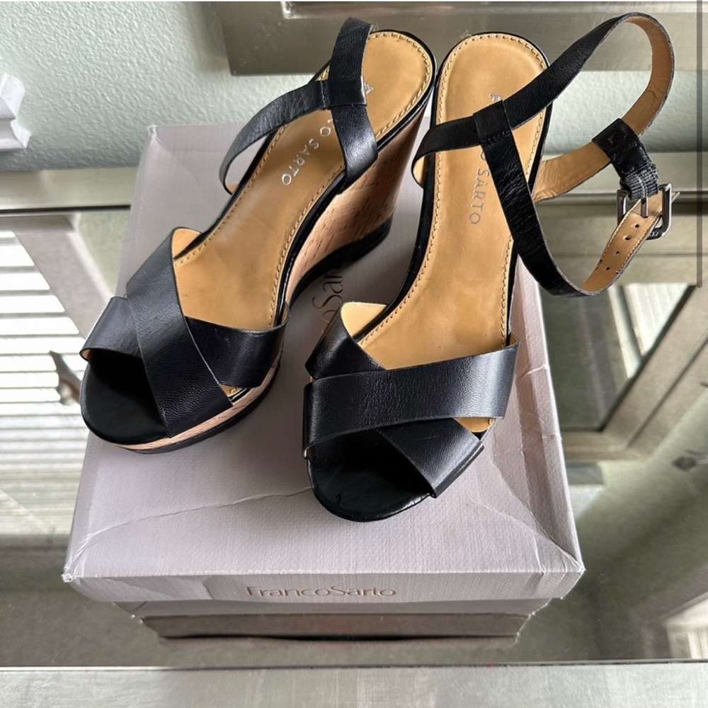Franco Sarto Black Leather Wedge Heal - Size 8
